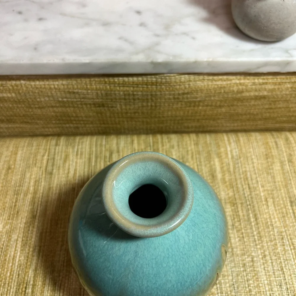 Art Pottery Elegant Turquoise and Brown Drip Crystalline Glaze Vase 5.5”